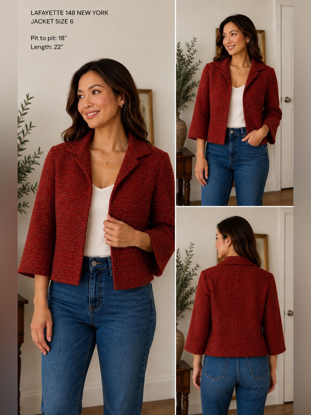 Lafayette 148 Wool Tweed Coat Women's 6 Red Brown Metallic Autumn Designer